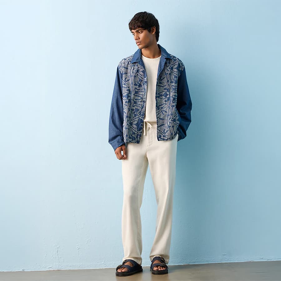 ETA Indigo Abstract Embroidered Relaxed-Fit Cotton-Blend Shirt