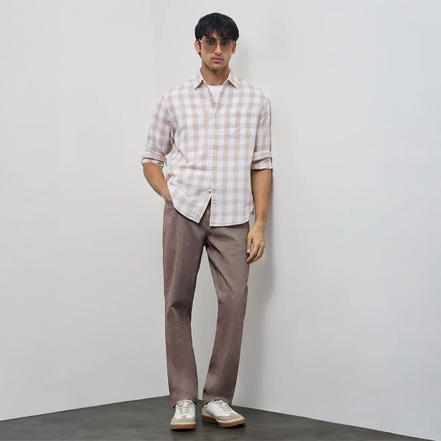 WES Casuals Beige Checks Relaxed-Fit Cotton-Blend Shirt