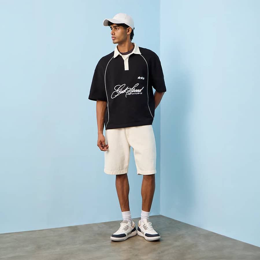 Nuon Black Text-Design Oversized-Fit Cotton Polo T-Shirt