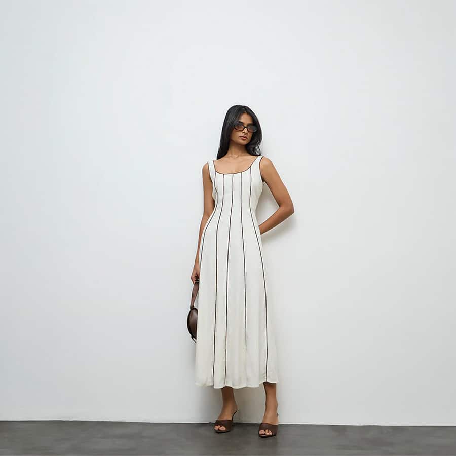 LOV Cream Pipeline-Detailed A-Line Dress