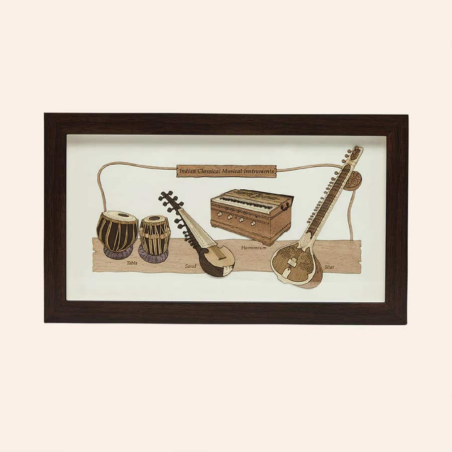 Indian Musical Instruments Wood Art Frame 7 in x 12 in