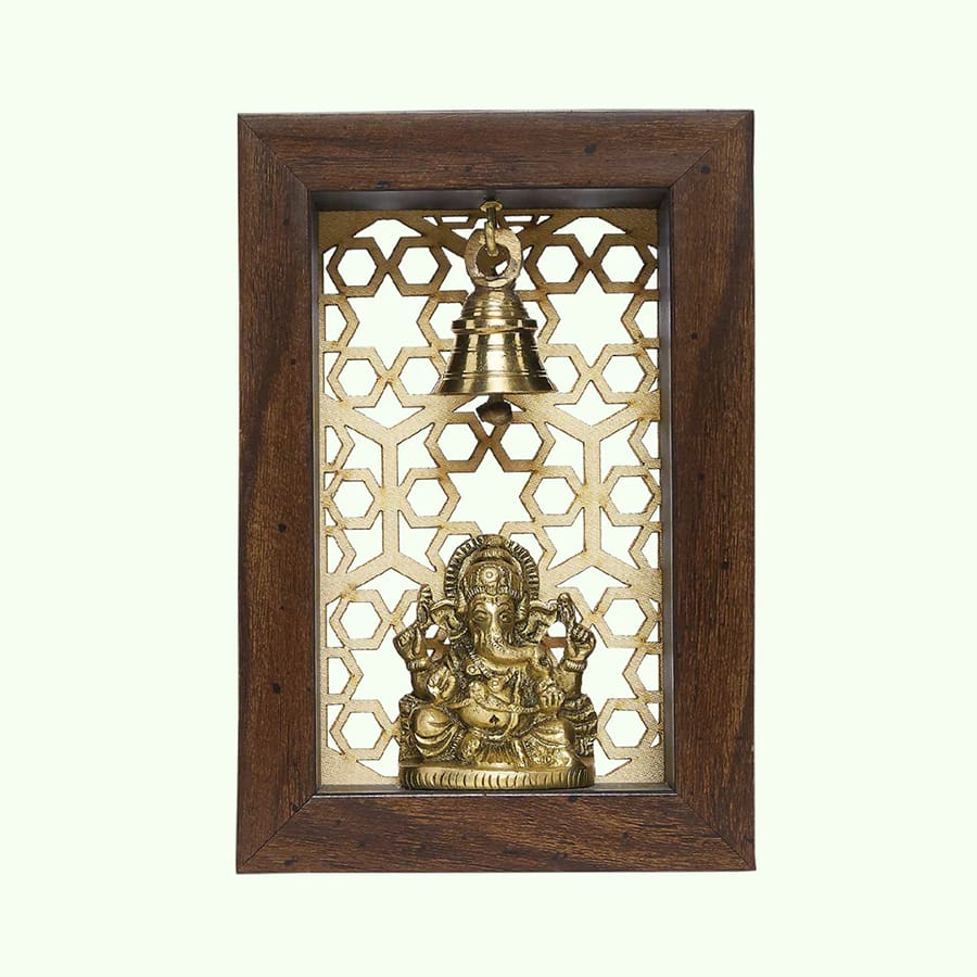 Wooden Temple Frame with Crown Ganesha and Jaali Pattern 4.5 in x 6.5 in