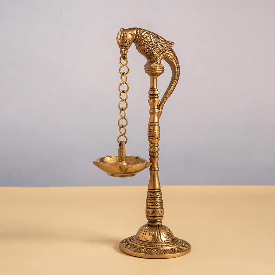 Brass Engraved Parrot Oil Lamp 7.5 in