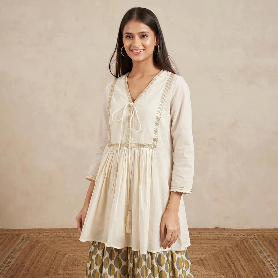 Ivory Neck-Tie Short Kurta