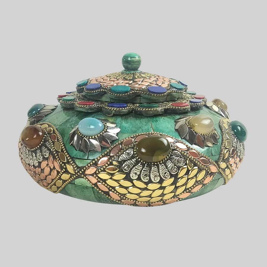 Camel Bone Tachariya Box with Stonework 6 in