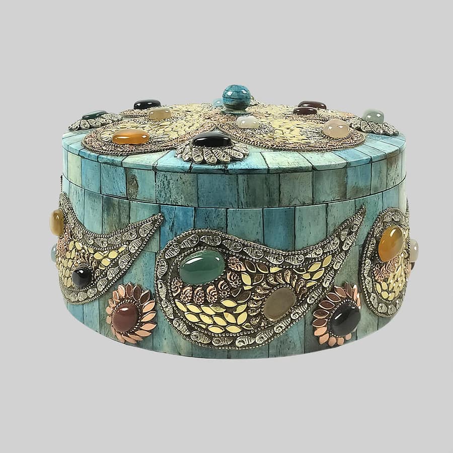 Camel Bone Round Box with Stonework 9 in