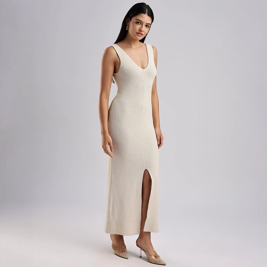 Slim-Fit Solid V-Neck Dresses