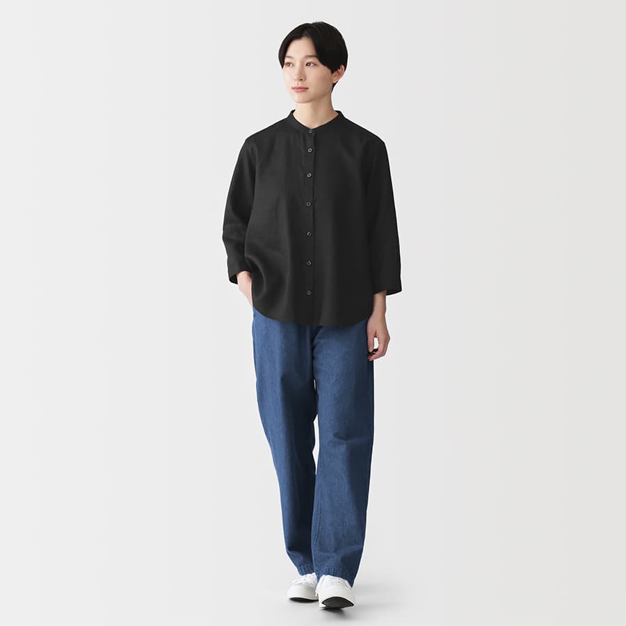 W's Washed linen 3/4 sleeve blouse