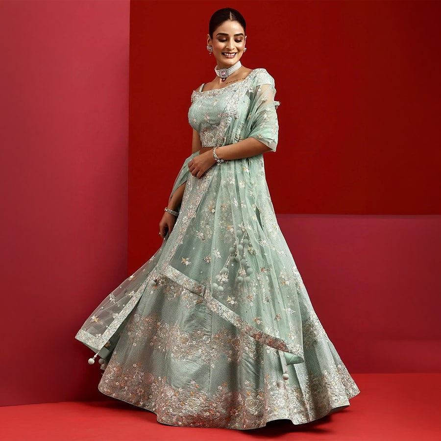 Libas Art Green Embroidered Silk Blend Lehenga Set