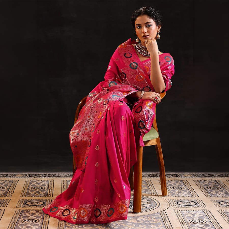 Pink Woven Design Silk Blend Saree With Unstitched Blouse Piece