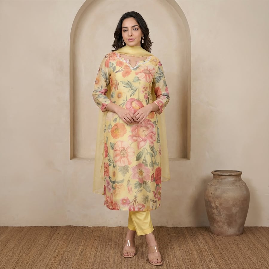 Yellow Floral Printed Beadwork Straight Kurta with Pants and Dupatta Set