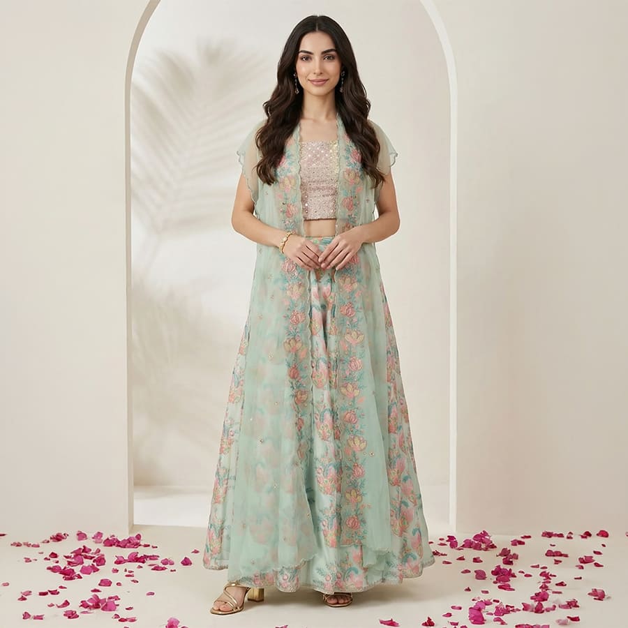 Sea Green Embroidered Blouse with Printed Flared Skirt and Embroidered Jacket Set