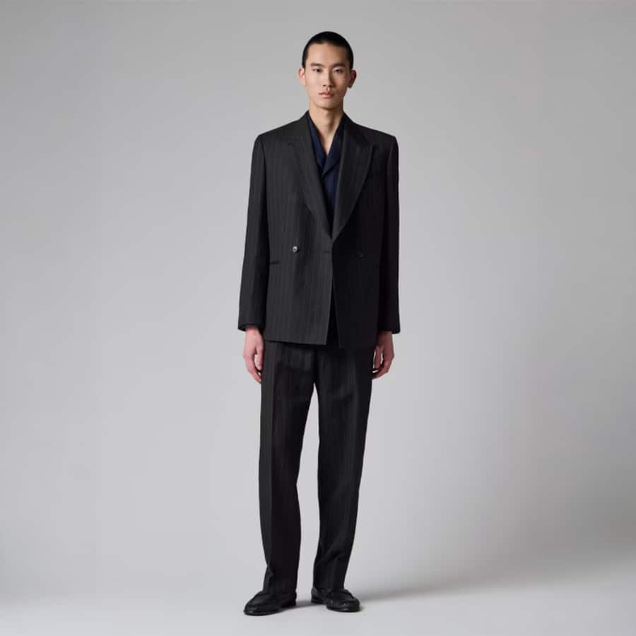 Black Wool-Linen Pinstripe Double-Breasted Blazer