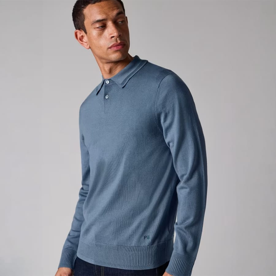 Pale Blue Merino Wool Knitted Polo Shirt