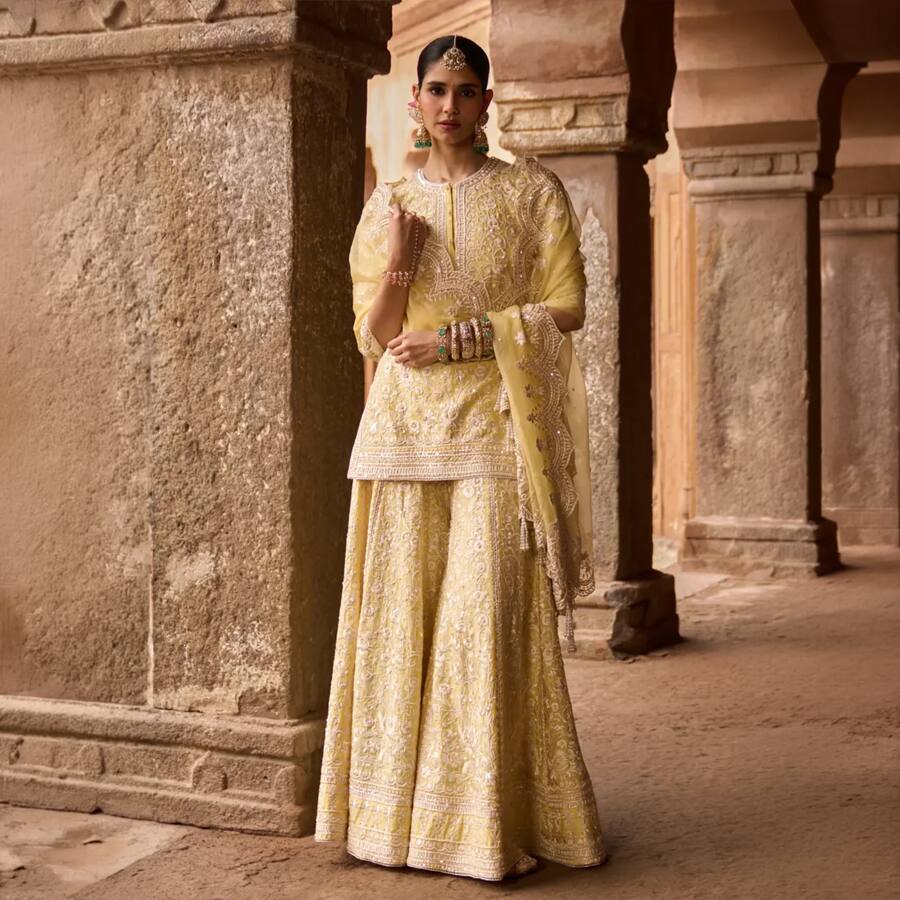 Heer - Lemon Yellow Short Kurta With Sharara And Dupatta