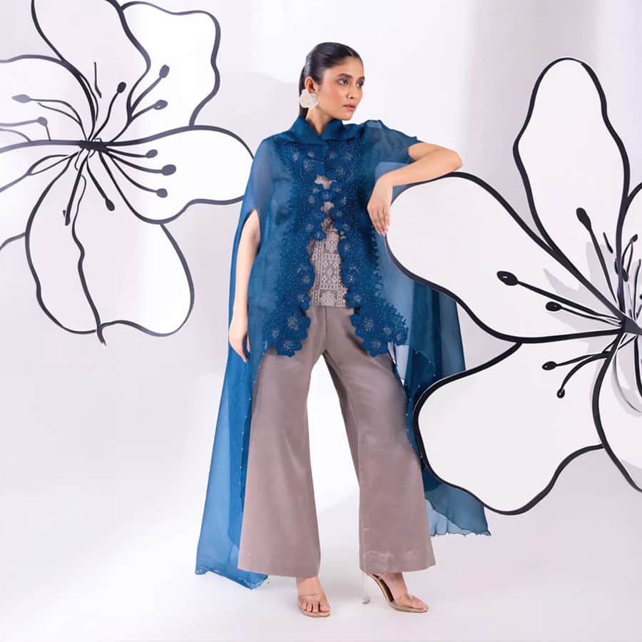 Blue Organza Wave Borne Cape with Top and Pant