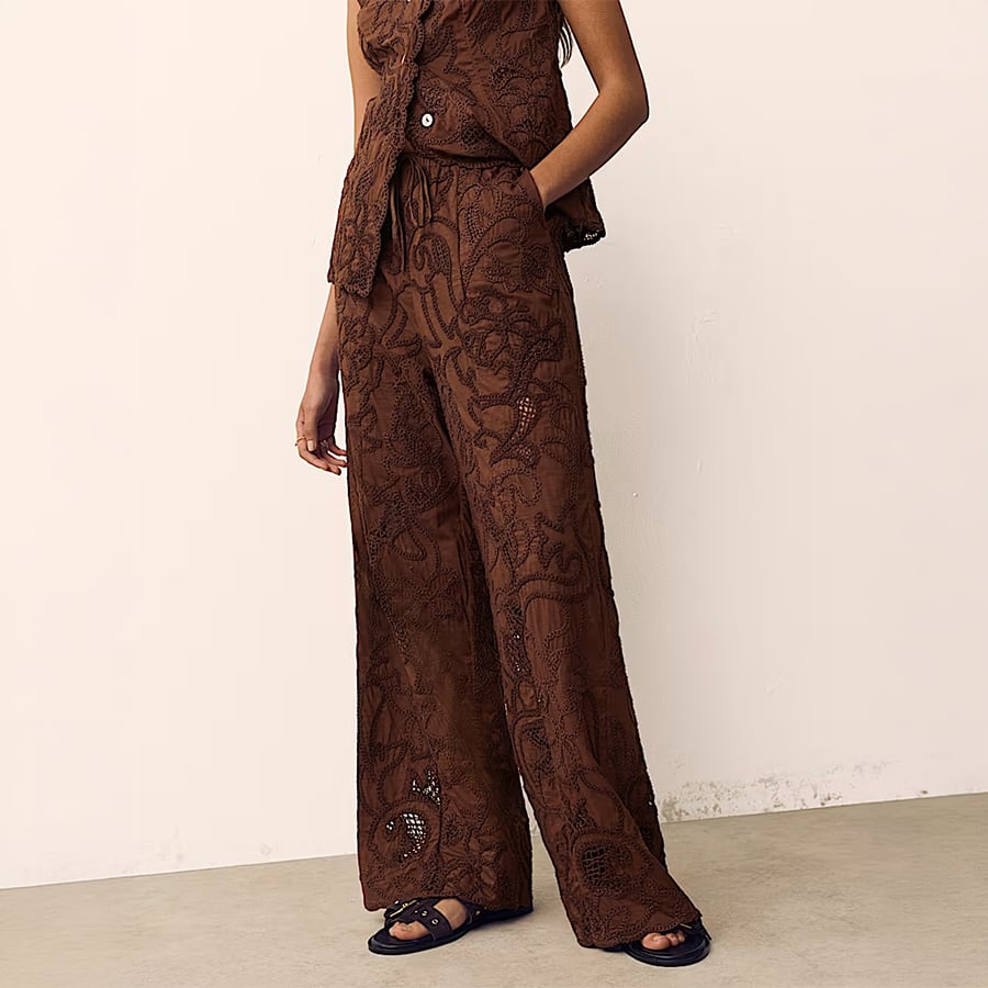 Cotton Embroidered Wide Leg Trousers