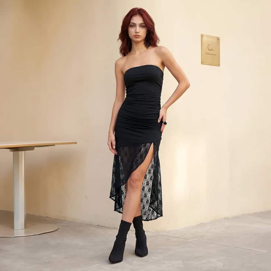 Black Lace Tube Neck Midi Dress