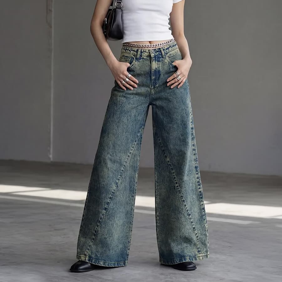 Dark Blue Wide Leg Mid Rise Jeans