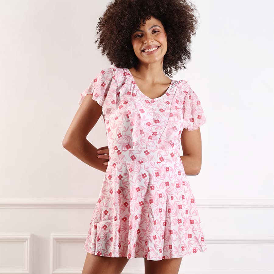 Floral Print Flutter Sleeve Beach Dress