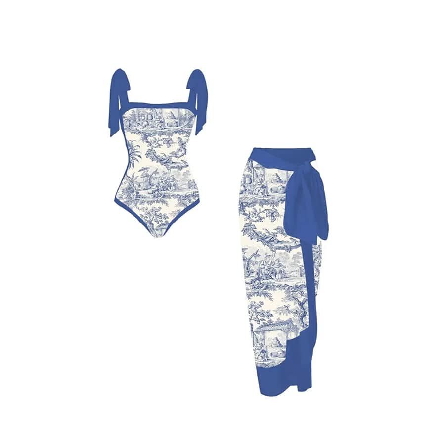 Blue Vintage Print Swimwear Set