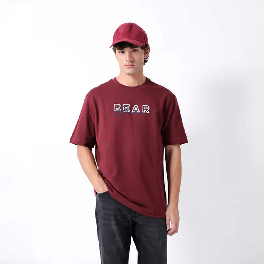 Maroon Oversized Crew Neck Typography Logo Print Casual T-Shirt