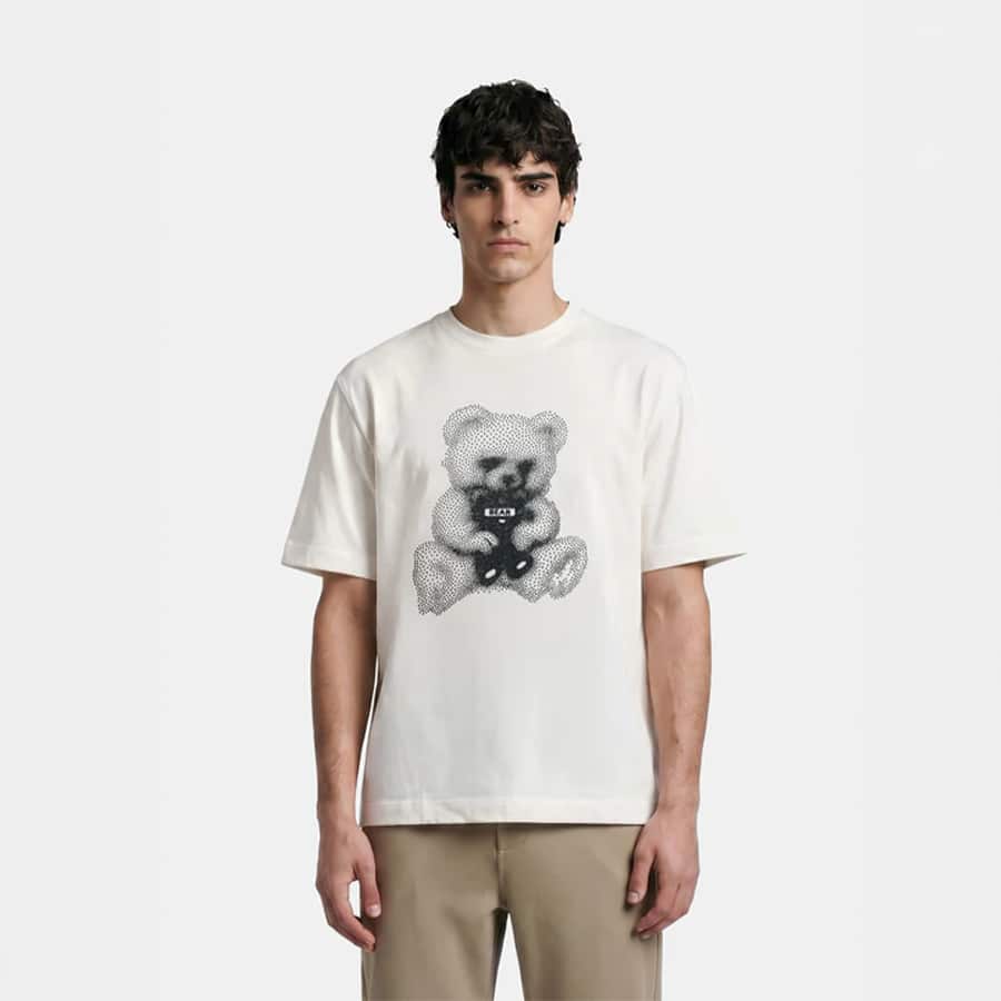 Off White Oversized Crew Neck T-Shirt with Rhinestone Bear Graphic Print