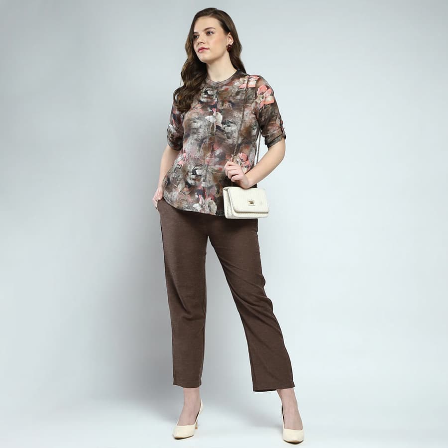 Women Brown Printed Round Neck Cords Set