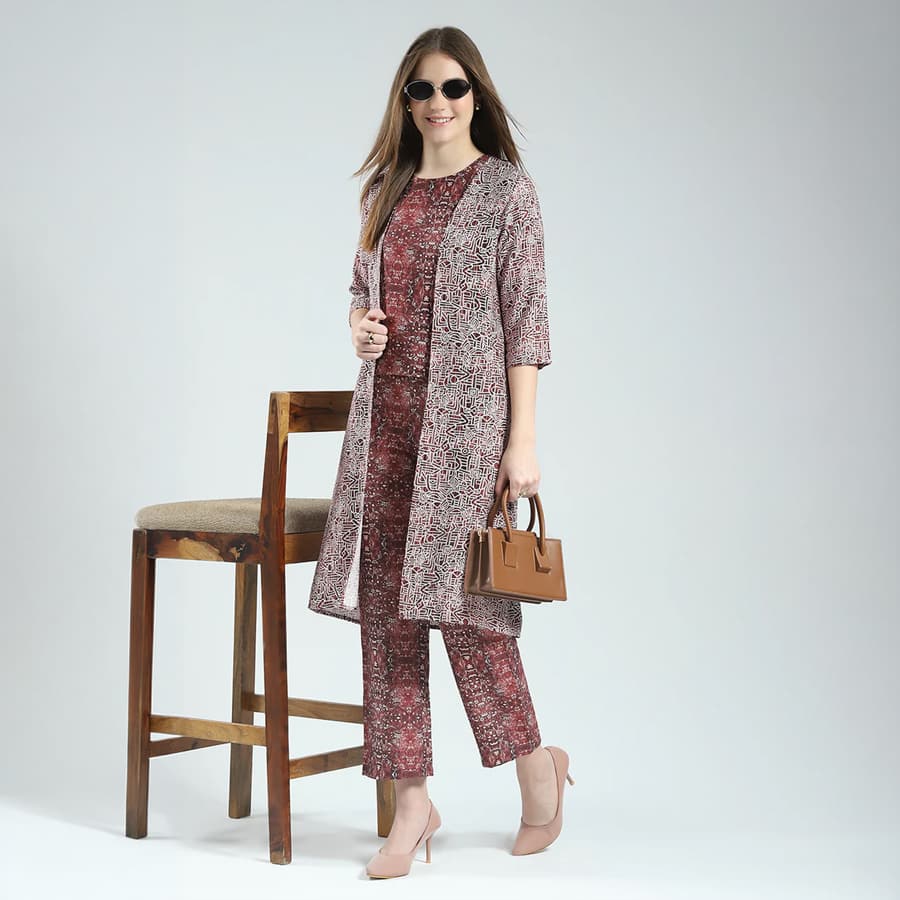 Women Maroon Printed Round Neck Sleeveless 3 Pcs Cords Set
