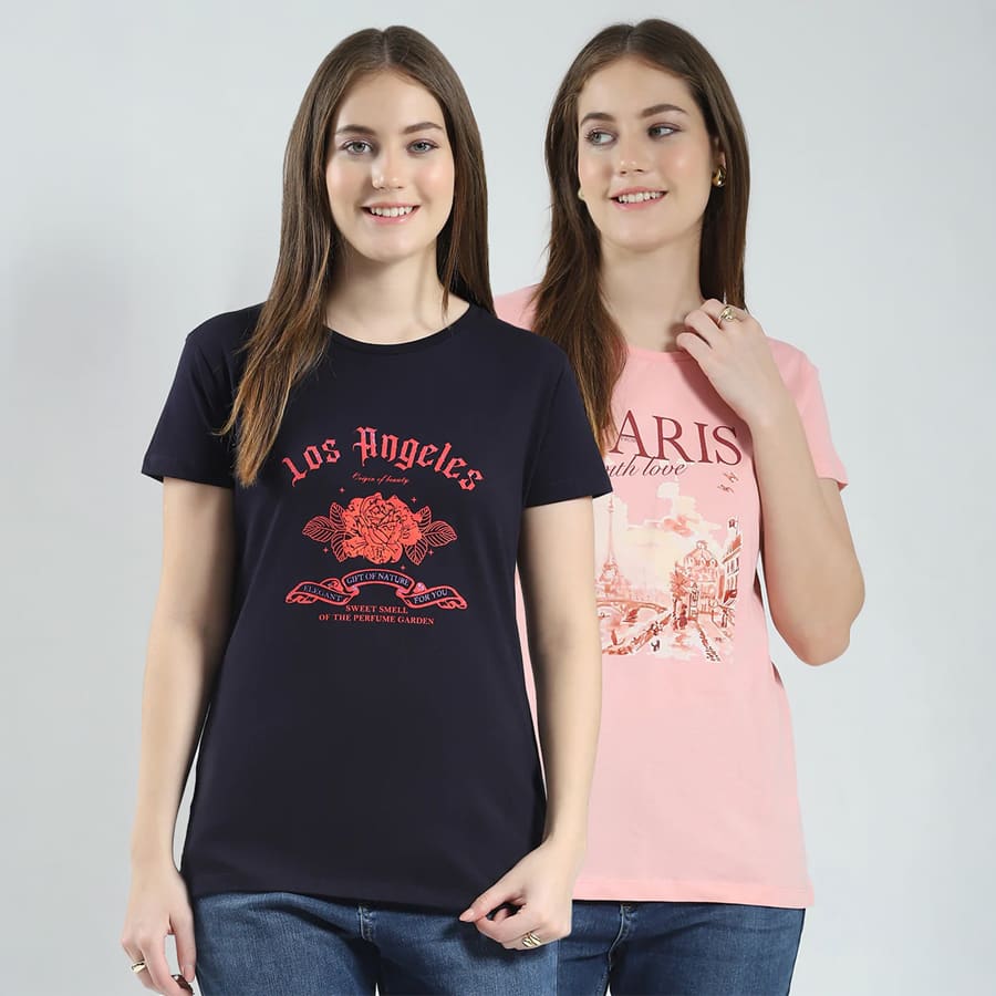 Women Navy Blue & Peach Printed Round Neck Half Sleeve Top (Pack of 2)