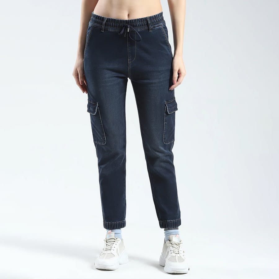Women Blue Solid Slim Fit Cargo