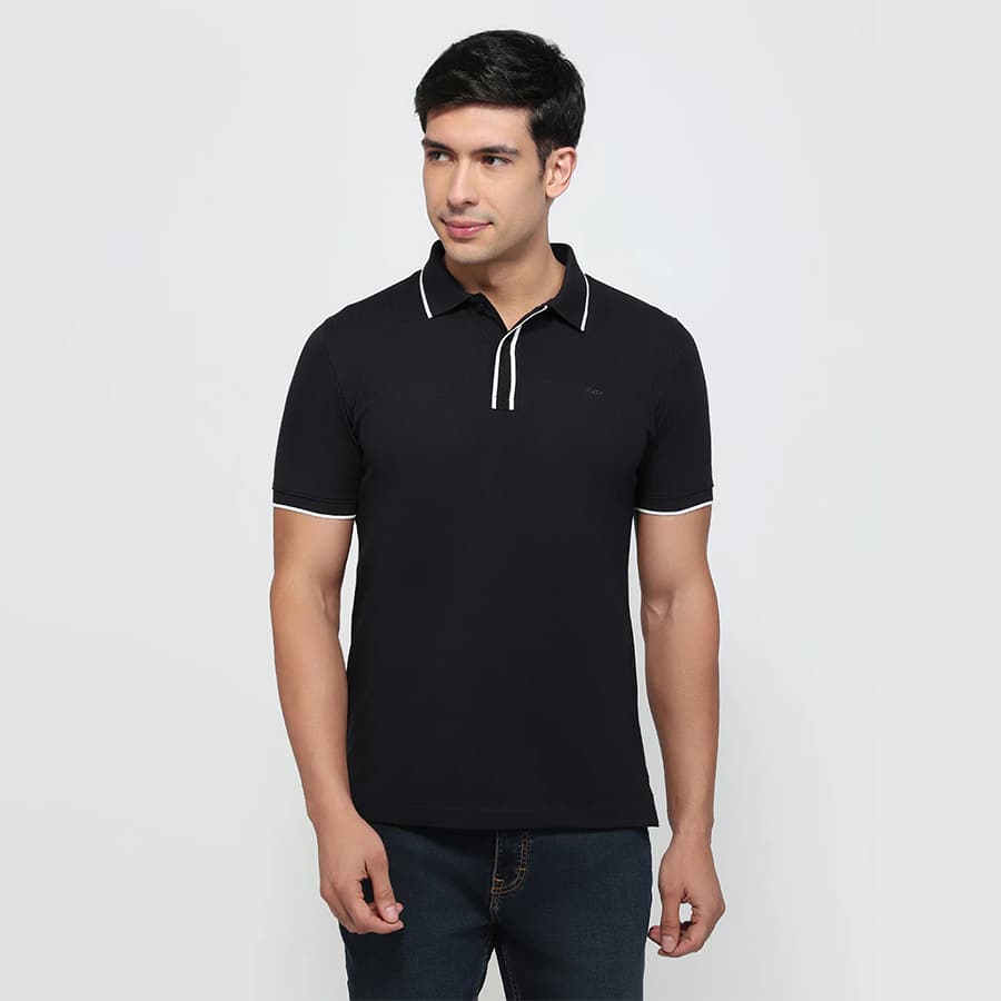Colorplus Men Black Regular Fit Solid Polo Neck Collar T-shirt