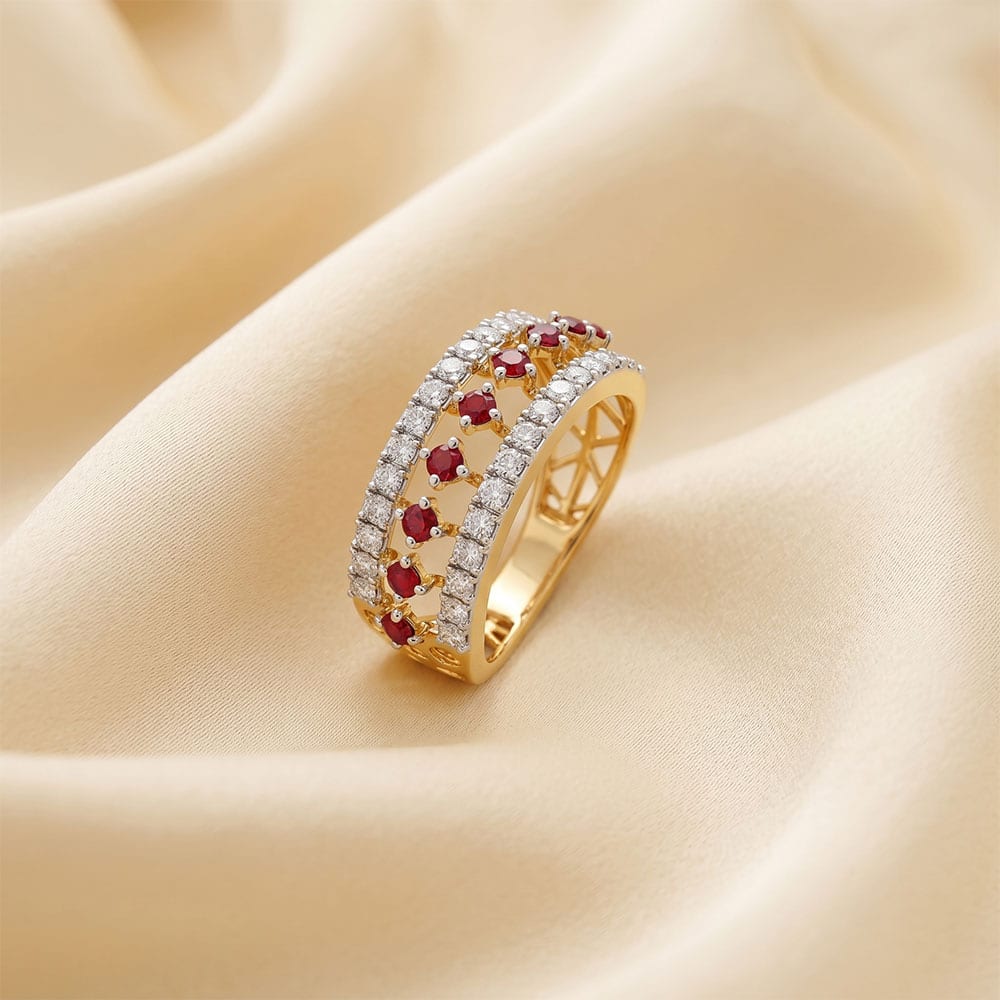 Vibrant Yellow Gold Diamond and Red Stone Ring