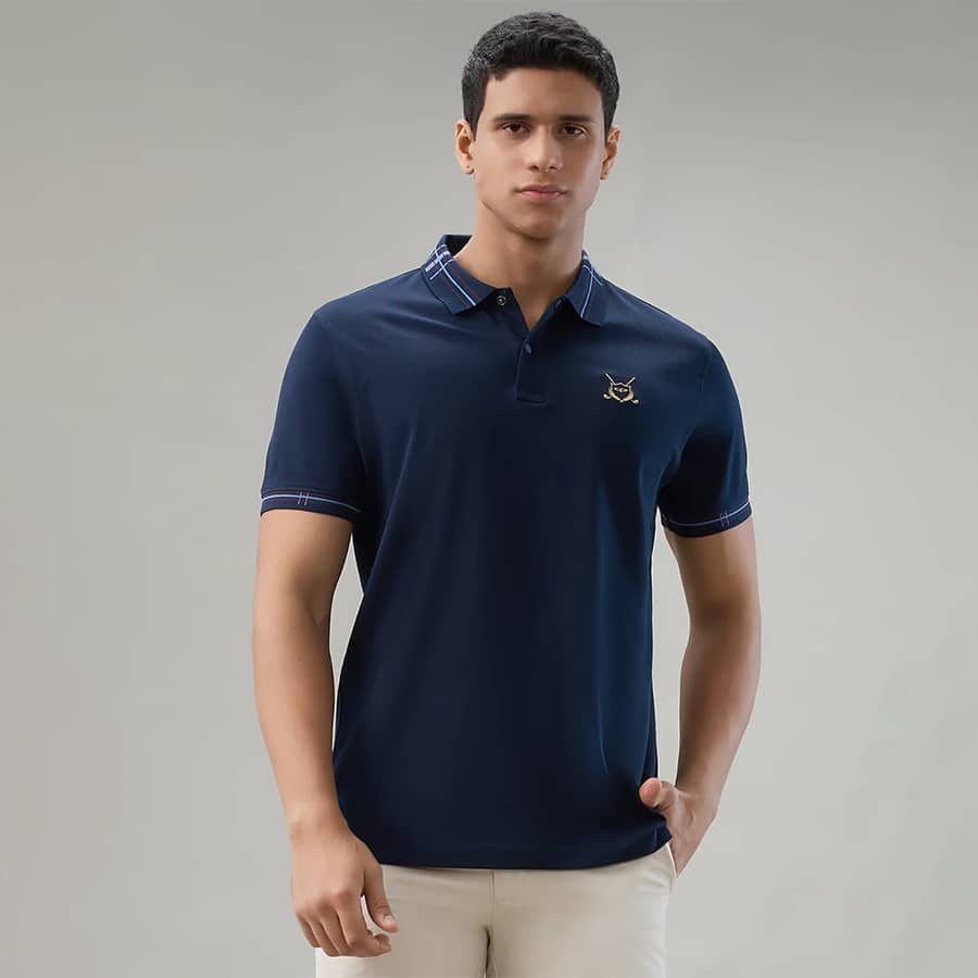 Colorplus Men Blue Regular Fit Solid Polo Neck Collar T-shirt