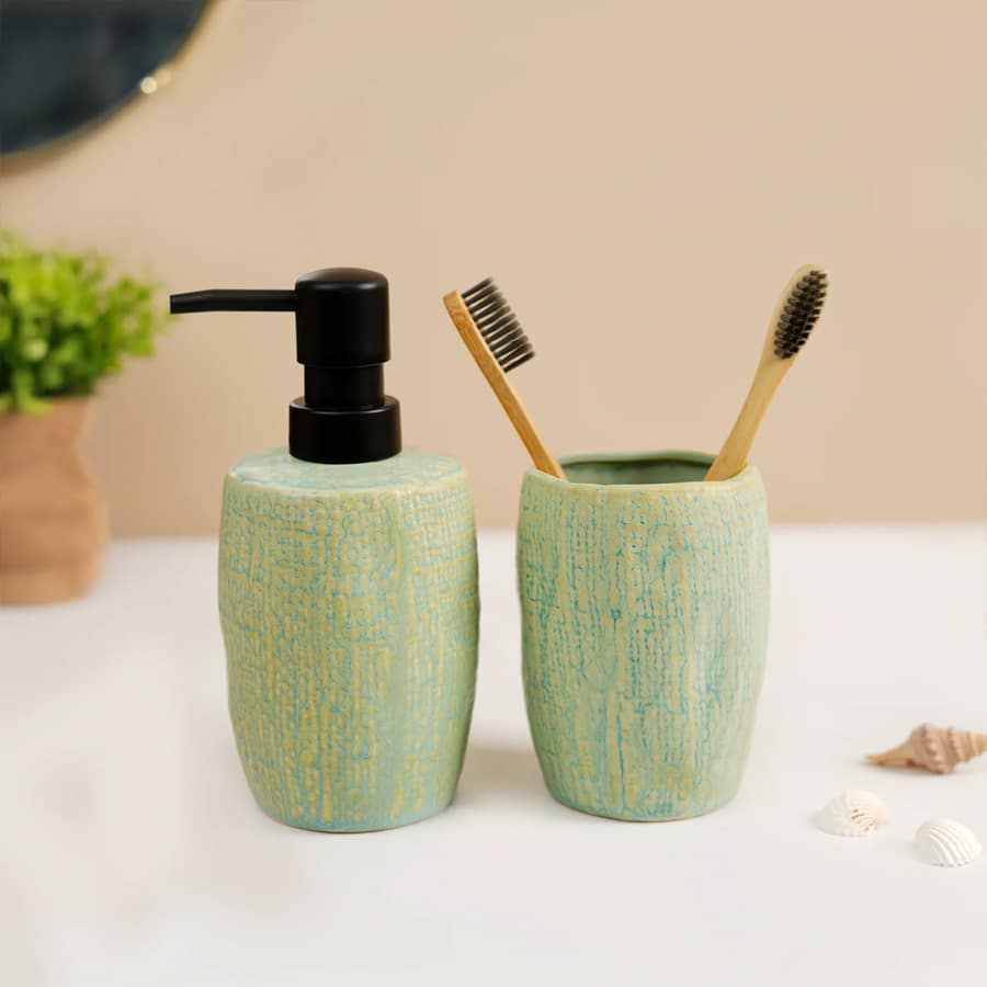 Von Casa Teal Green Wave Ceramic Bathroom Set