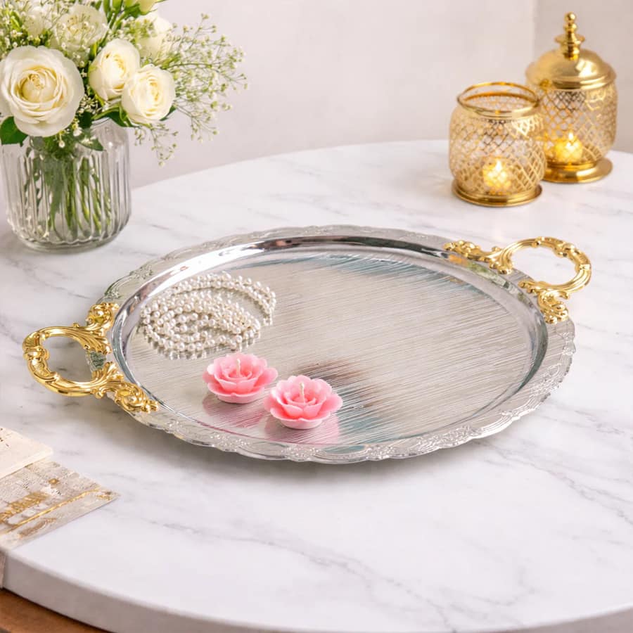 Glossy Oval Decorative Tray with Gold_Silver Handles