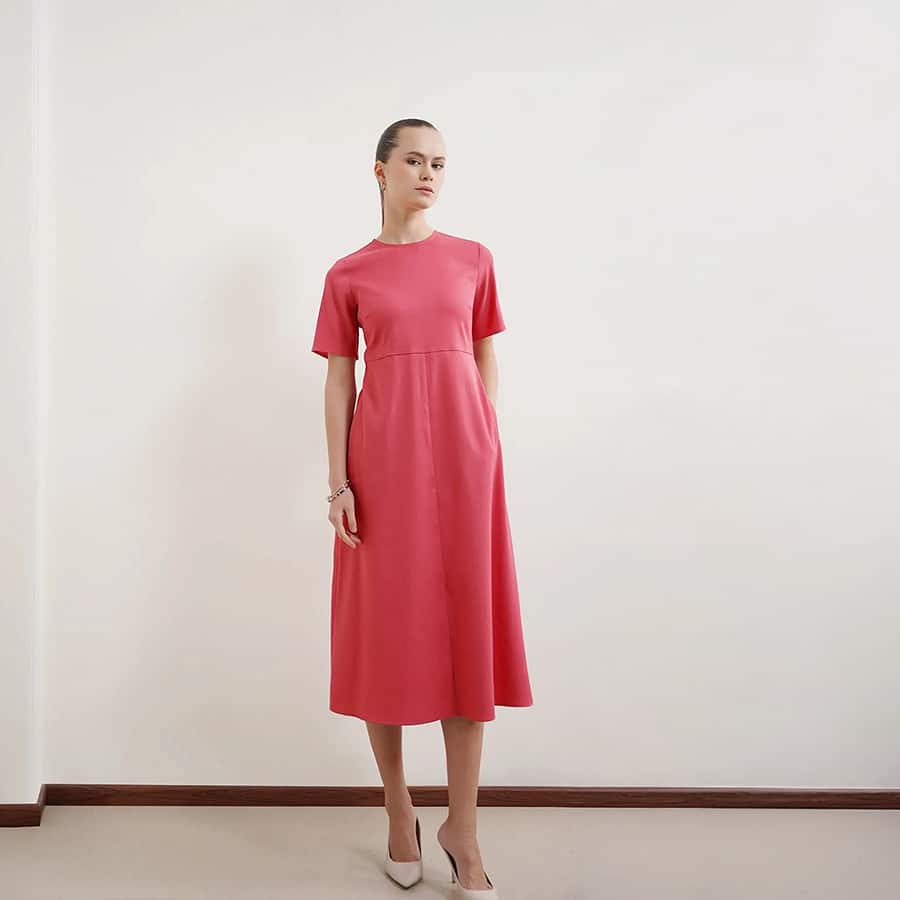 Round Neck A-Line Dress - Pink