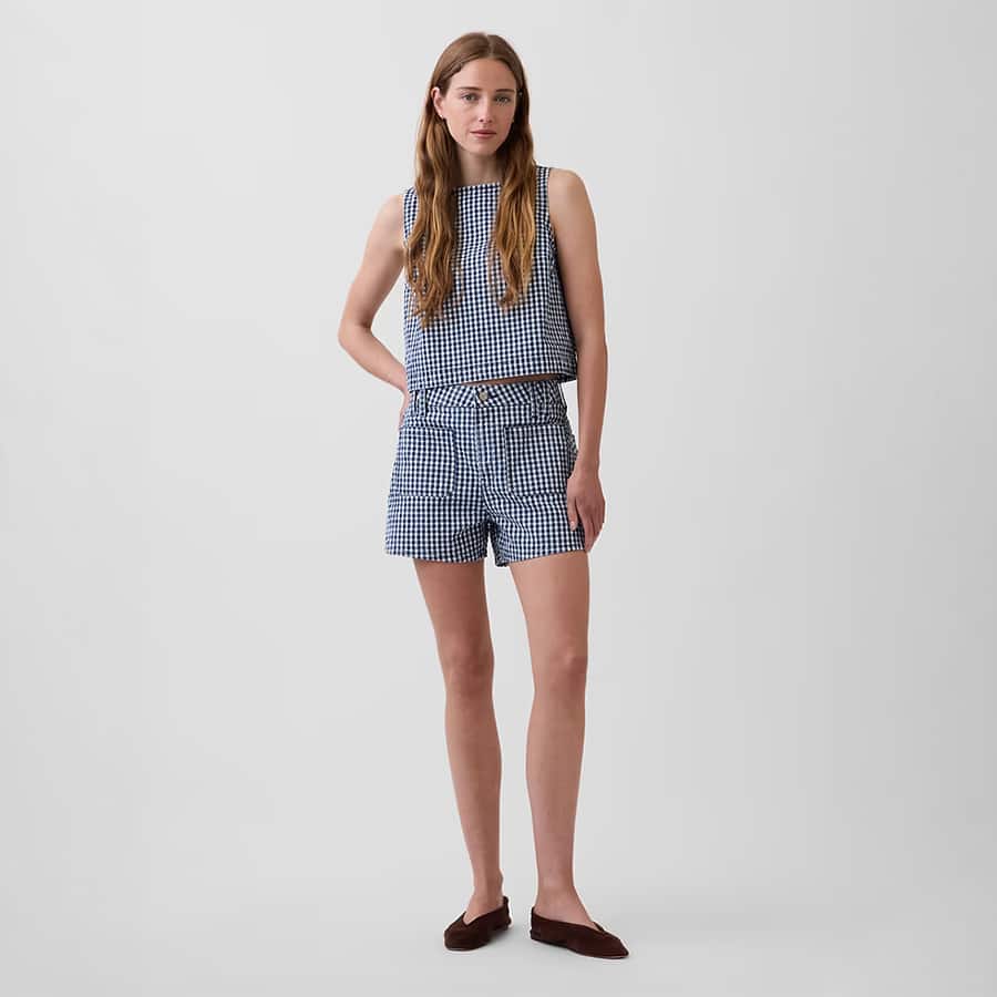 High Rise Gingham Relaxed Straight Denim Short