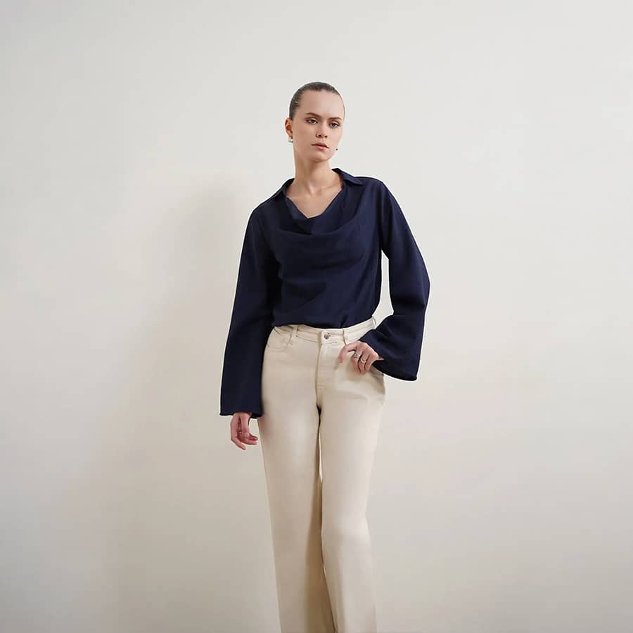 Viscose Cowl Neck Top - Navy Blue
