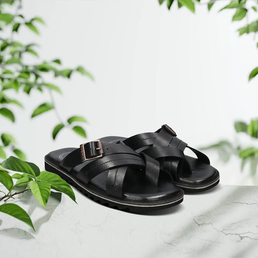 Dorfu Black Premium Leather Comfort Cross Strap Sandals