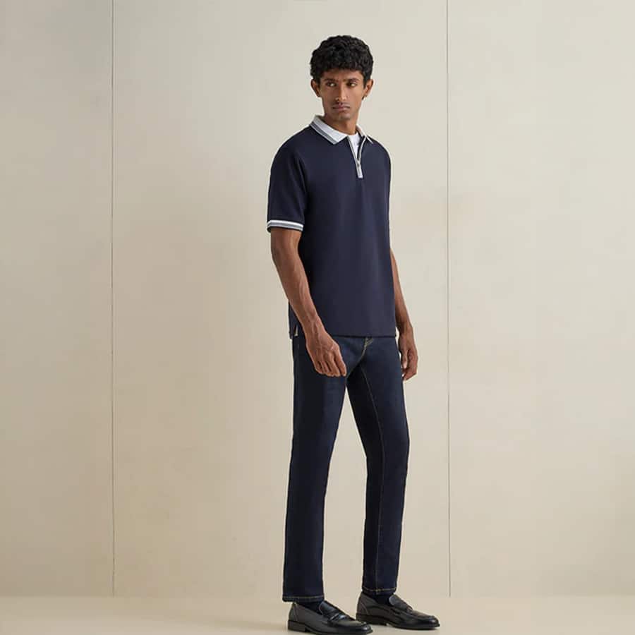 WES Casuals Navy Waffle-Textured Relaxed-Fit Cotton Polo T-Shirt