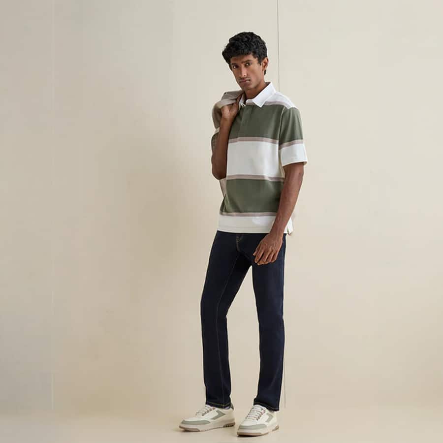 WES Casuals Sage Green Striped Relaxed-Fit Polo T-Shirt