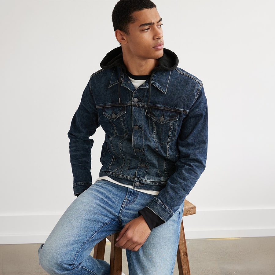 Men Blue Hooded Denim Trucker Jacket