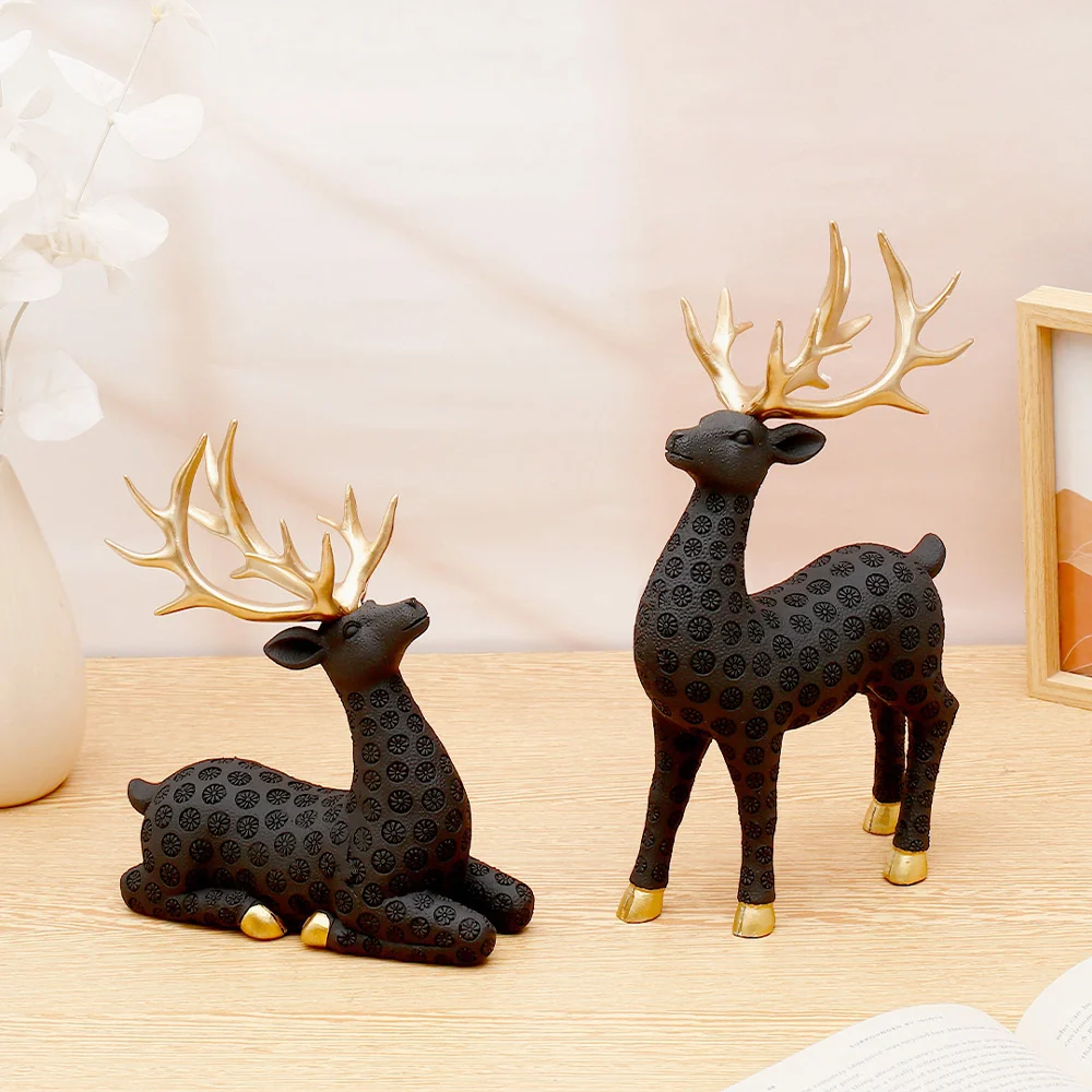 Set of 2 Deer Figurine with Textured Black and Gold Antlers