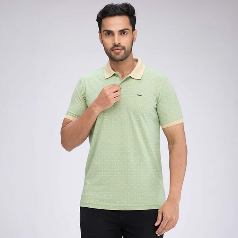 Park Avenue Men Green Slim Fit Printed Polo Neck Collar T-Shirt