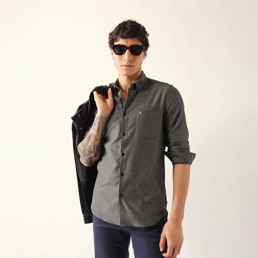 Grey Slim Fit Solid Cotton Blend Casual Shirt