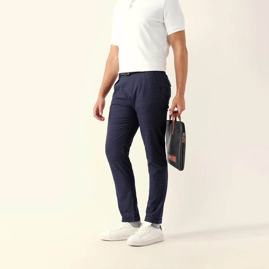 Blue Woven Checked Regular Fit Formal Trousers