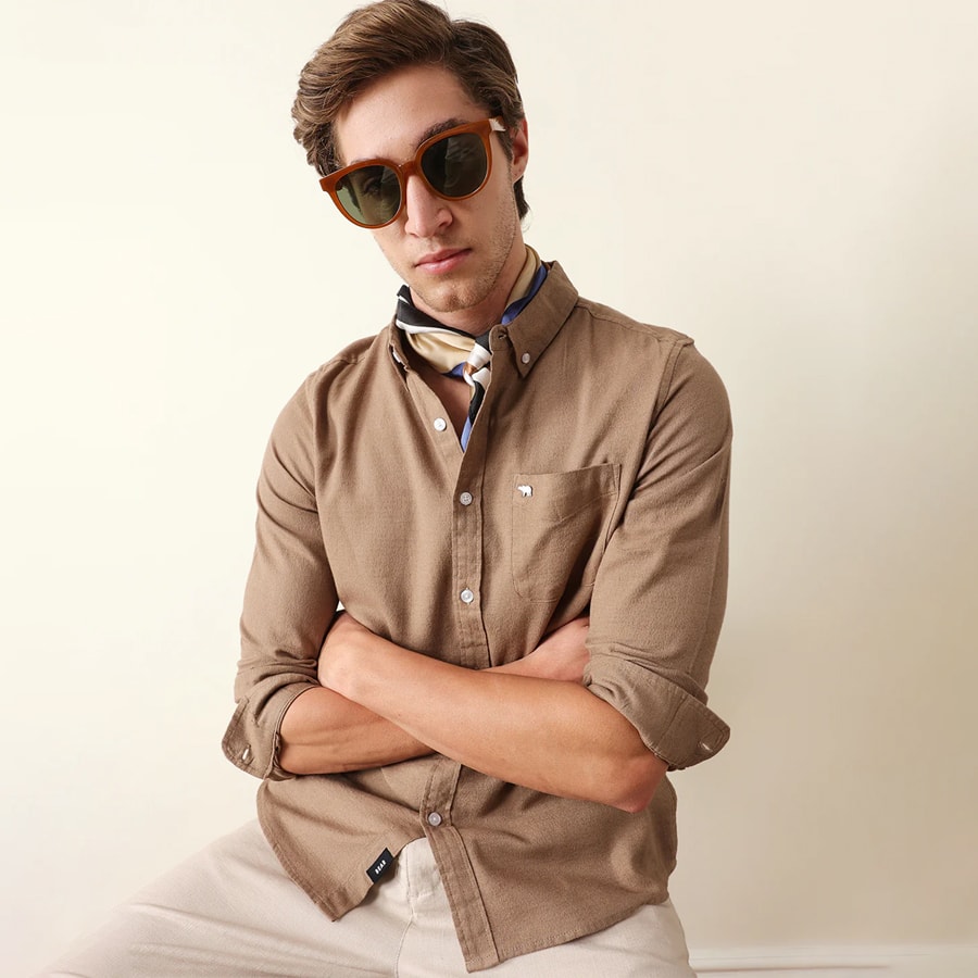 Beige Solid Slim Fit Cotton Casual Shirt