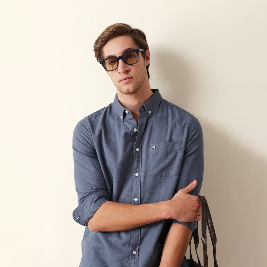 Blue Solid Slim Fit Cotton Casual Shirt