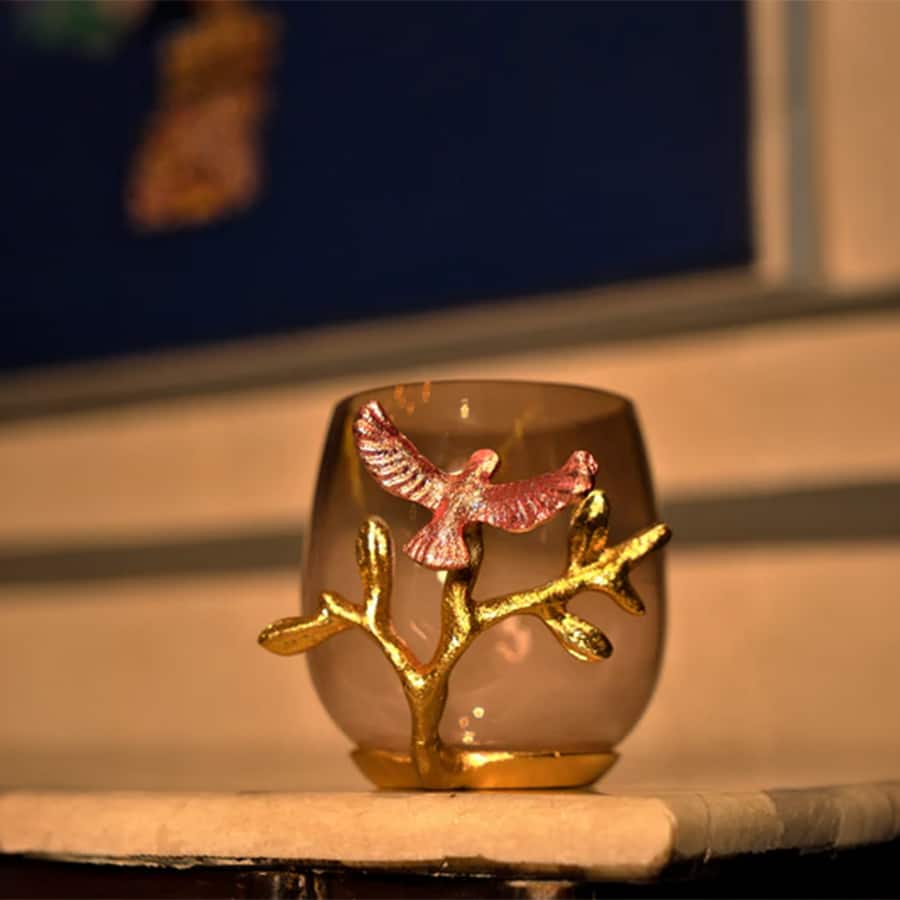Bird Votive Holder With Pink Glass